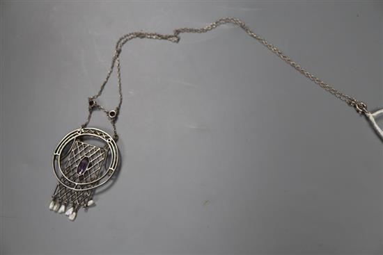 An early 20th century Austrian? secessionist style sterling silver, white enamel, amethyst and baroque pearl drop pendant necklace,